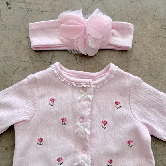 Pink Rosebud 2-Piece Footie Outfit with Matching Headband - Picture 2 of 4